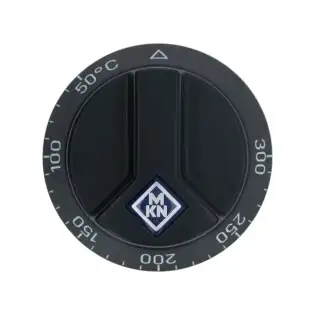 Czarny pokrętło MKN o średnicy 66 mm, 50–300 °C – D-Pin 6×4.6 mm, wykonany w Niemczech.