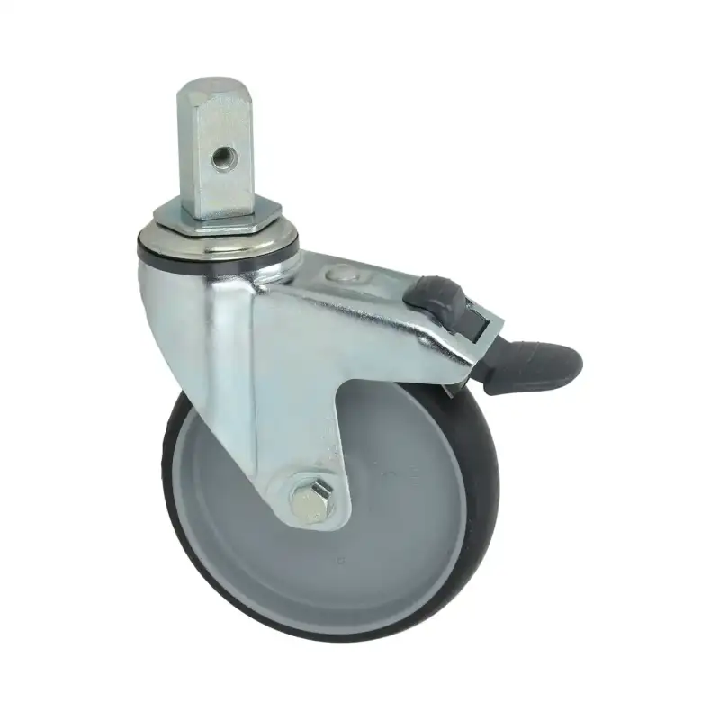 Roda giratória branca com pino e travão 125x32 mm - Suporte zincado, anel termoplástico.