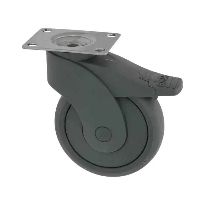 Bílé otočné kolo s deskou a brzdou 125x32 mm - pro vozík ve službách stravování.