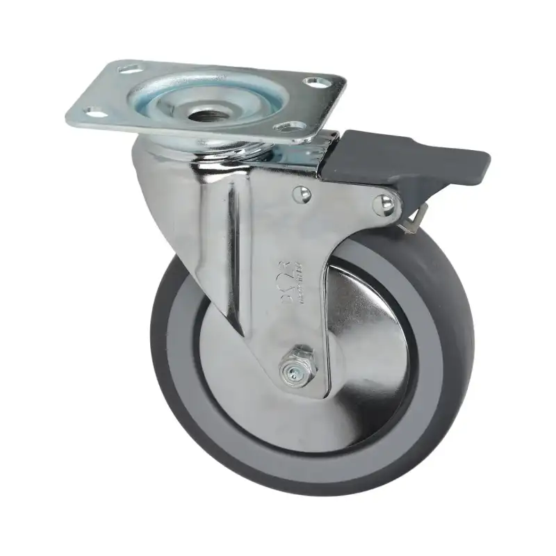 Roue pivotante avec plaque et frein 125x30 mm - Support zingué, Polypropylène Core