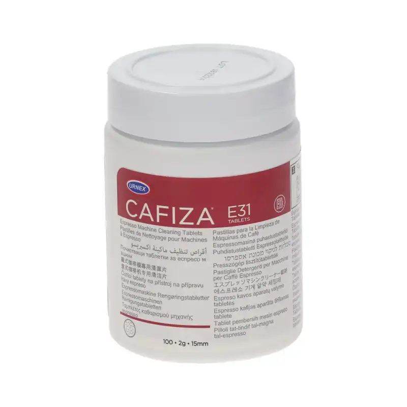 Tabletas de limpieza Urnex Cafiza 2 g para máquinas de café, frasco de 100 tabletas certificado por NSF.