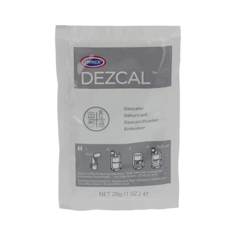 Détartrant Urnex Dezcal en poudre de 28g. Fabriqué aux États-Unis.
